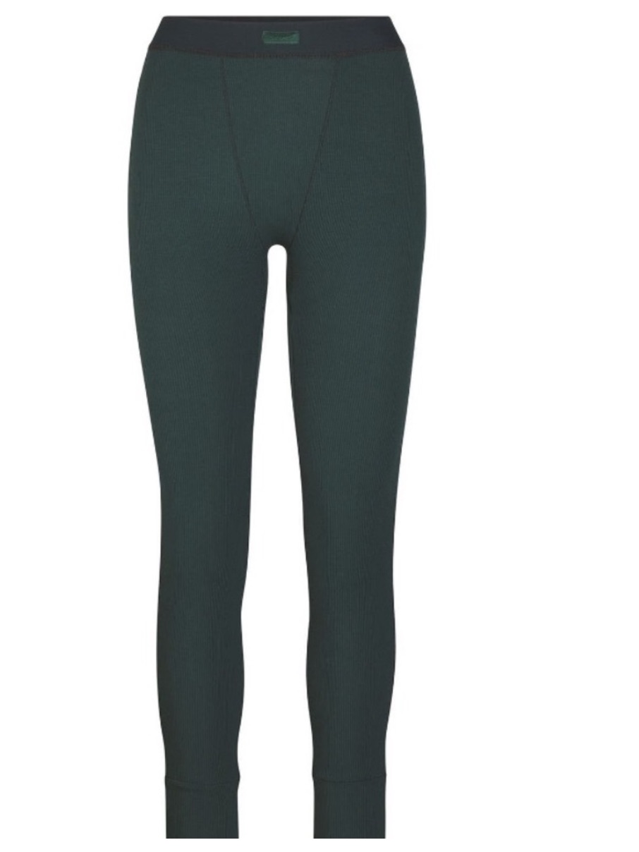 Skims Ribbed Leggings Deep Green Stretchy Night Lounge Wear Elastic Waist Logo